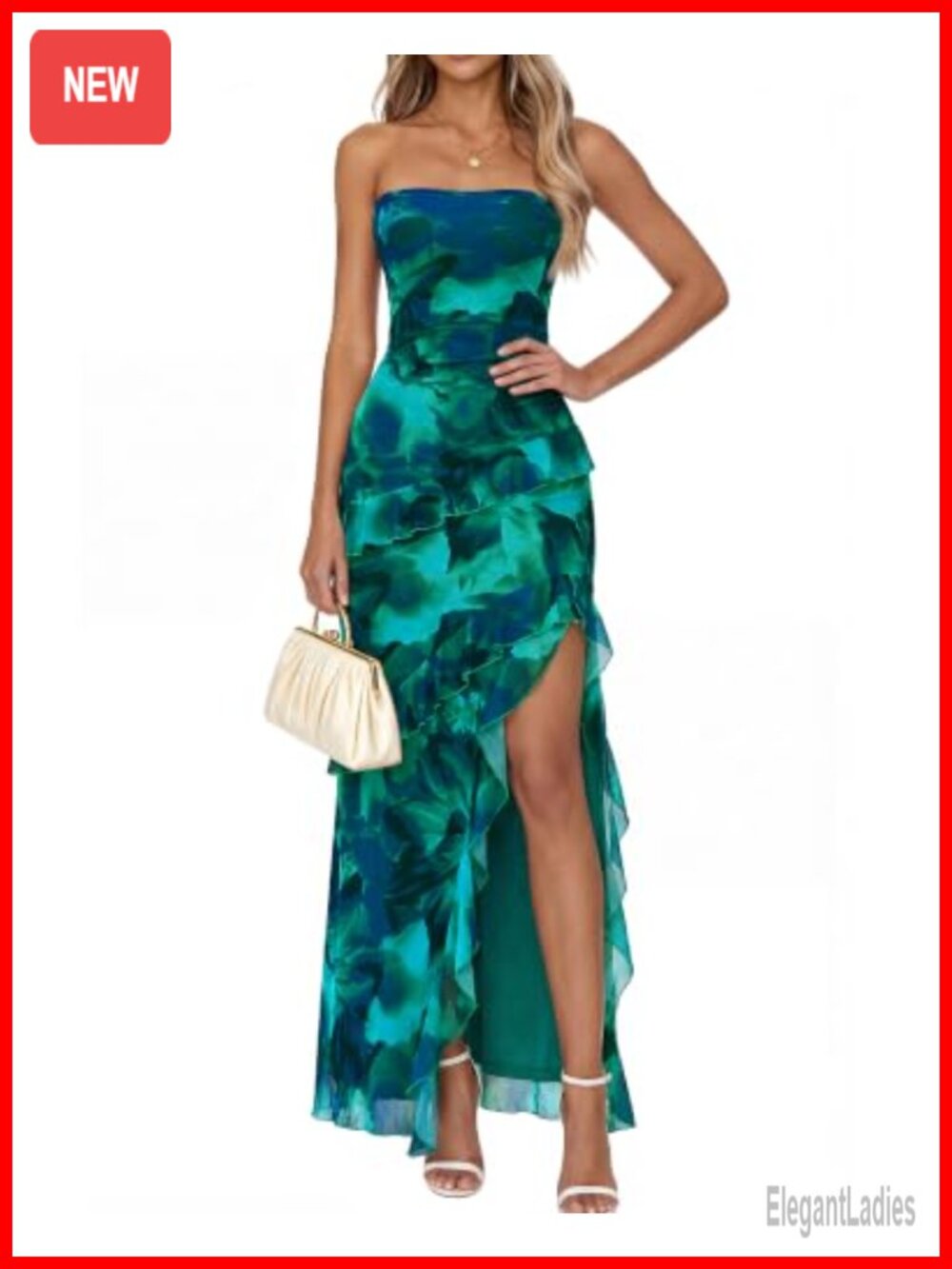 Off Shoulder Strapless Backless High Slit Maxi Dress Mesh Ruffle Hem